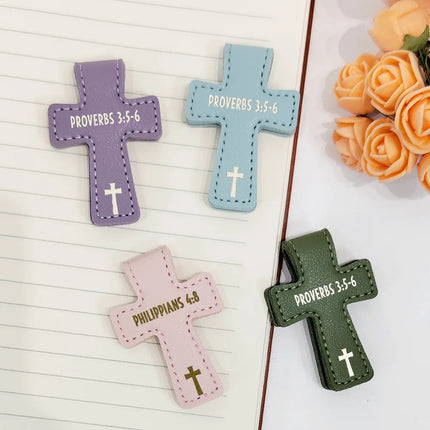 Christian Symbol With Name Bible Verse Reference - Personalized Cross Leather Magnetic Bookmark