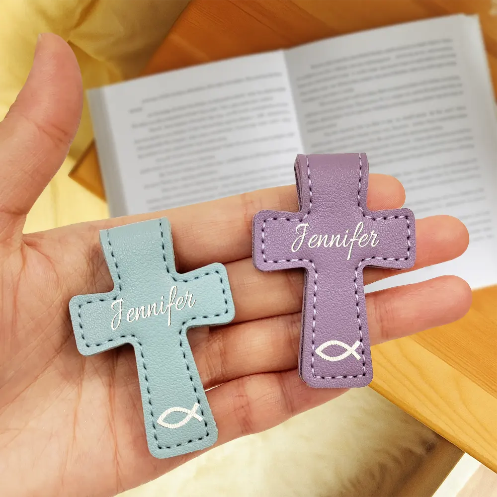 Christian Symbol With Name Bible Verse Reference - Personalized Cross Leather Magnetic Bookmark