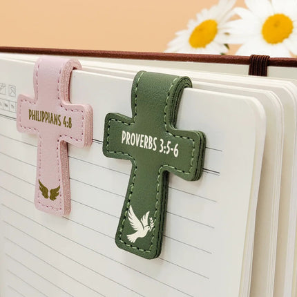 Christian Symbol With Name Bible Verse Reference - Personalized Cross Leather Magnetic Bookmark