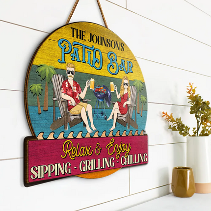 Couple Pool & Patio Sipping Chilling Tropical - Personalized Custom Shaped Wood Sign