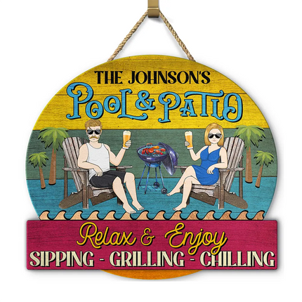 Couple Pool & Patio Sipping Chilling Tropical - Personalized Custom Shaped Wood Sign
