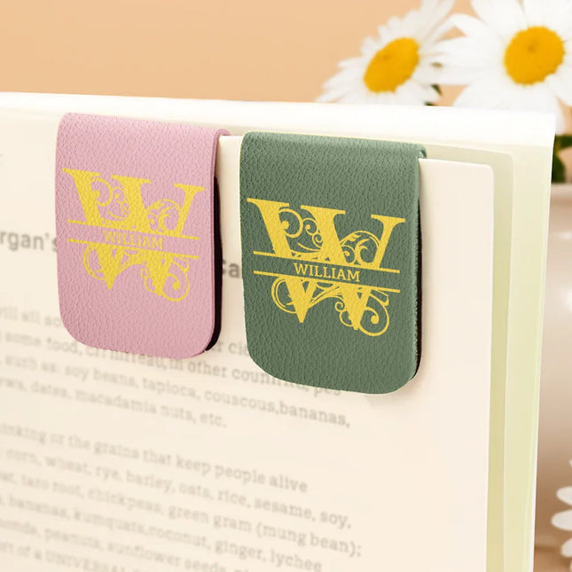 Custom Name Vintage Monogram - Personalized Leather Magnetic Bookmark