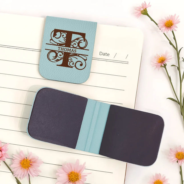 Custom Name Vintage Monogram - Personalized Leather Magnetic Bookmark