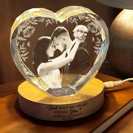 Custom Photo The Date We Became Mr & Mrs Wedding Couple - Personalized Crystal Heart Shaped Lamp