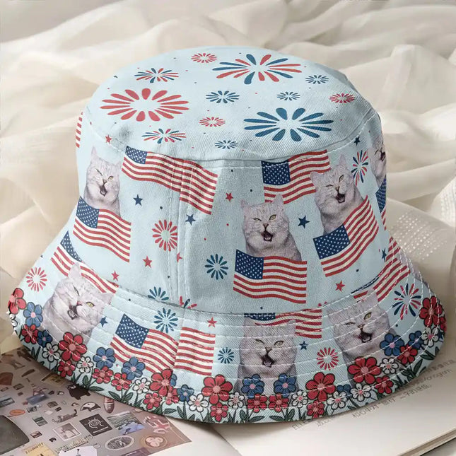 Custom Photo With America Flags & Fireworks - Personalized Bucket Hat