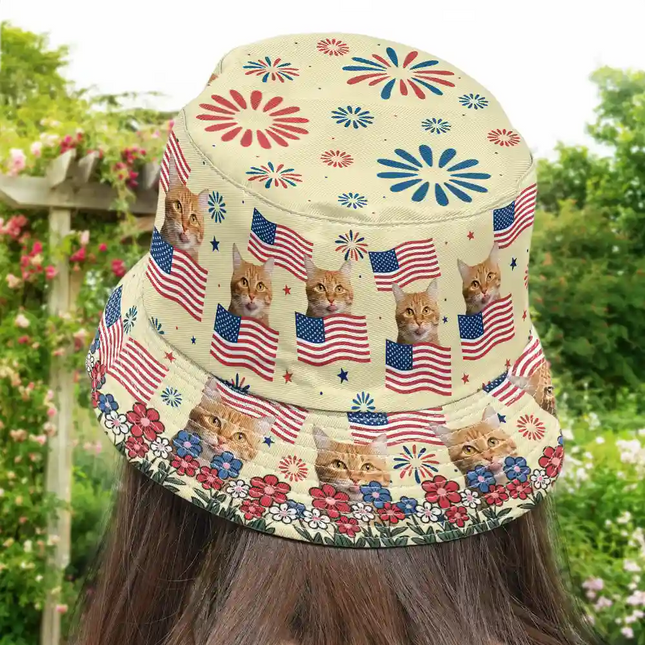 Custom Photo With America Flags & Fireworks - Personalized Bucket Hat