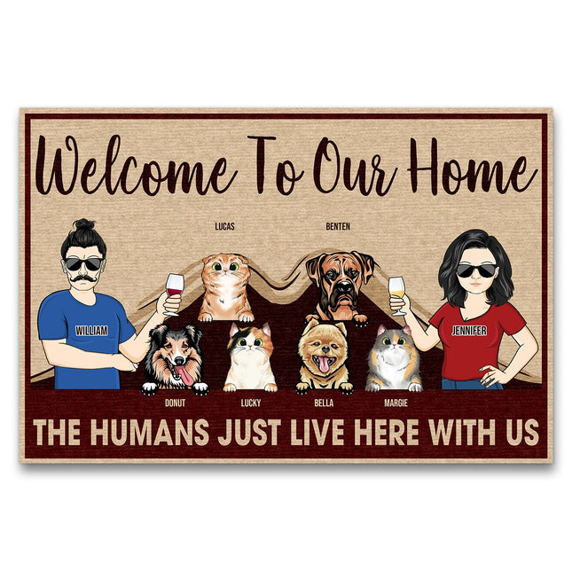 The Humans Just Live Here Couple With Dog Cat - Personalized Custom Doormat