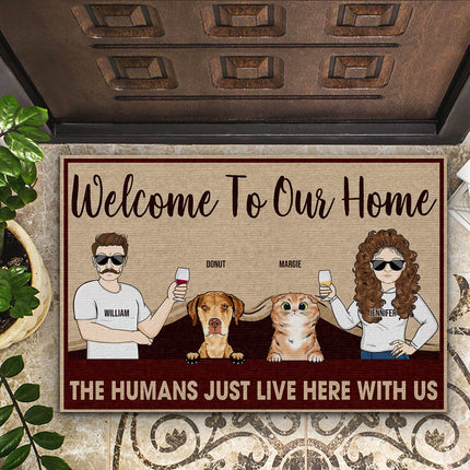 The Humans Just Live Here Couple With Dog Cat - Personalized Custom Doormat