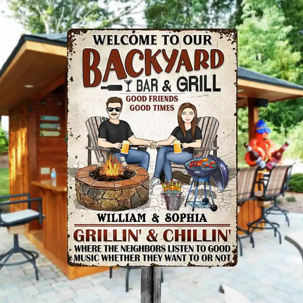 Backyard Bar Family Couple Listen To The Good Music - Personalized Custom Classic Metal Signs