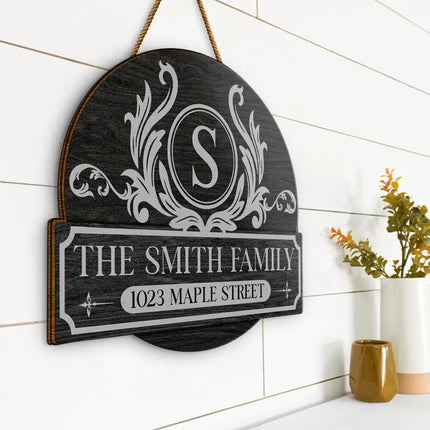 Family Monogram With Address - Personalized Custom Shaped Wood Sign