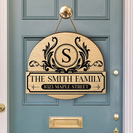 Family Monogram With Address - Personalized Custom Shaped Wood Sign