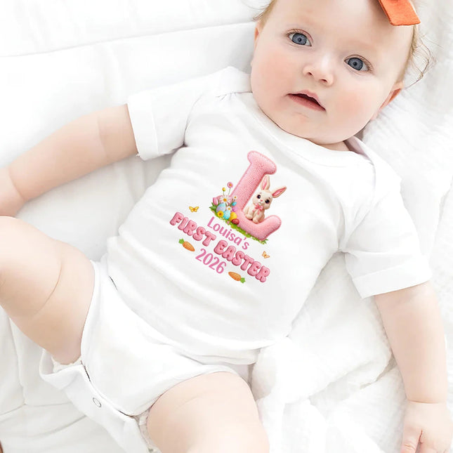 Faux Embroidery Effect Chenille Bunny Alphabet Letters - Personalized Baby Onesie