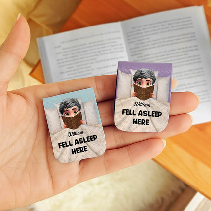 Fell Asleep Here Book Lovers - Personalized Leather Magnetic Bookmark