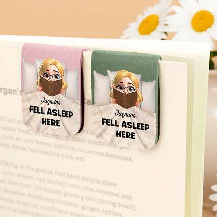 Fell Asleep Here Book Lovers - Personalized Leather Magnetic Bookmark