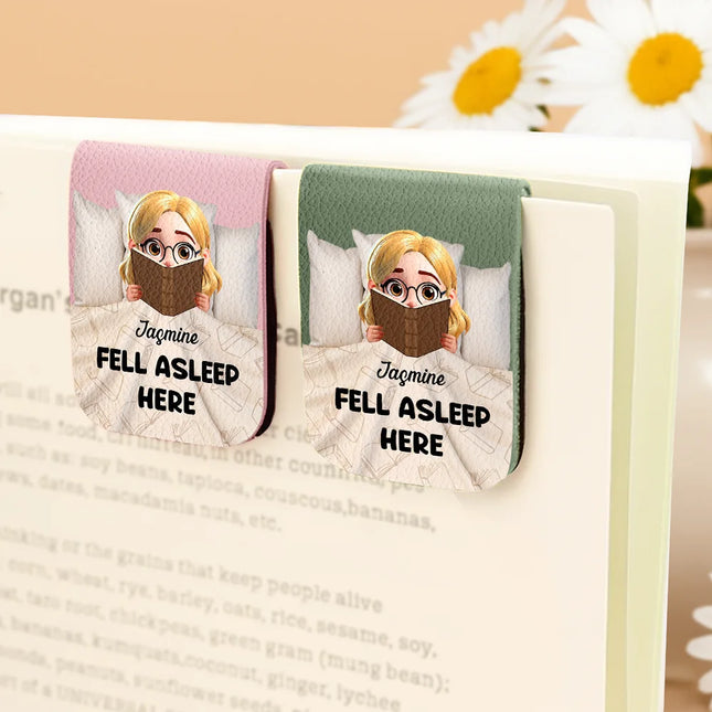 Fell Asleep Here Book Lovers - Personalized Leather Magnetic Bookmark