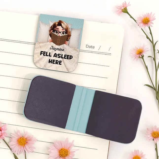 Fell Asleep Here Book Lovers - Personalized Leather Magnetic Bookmark