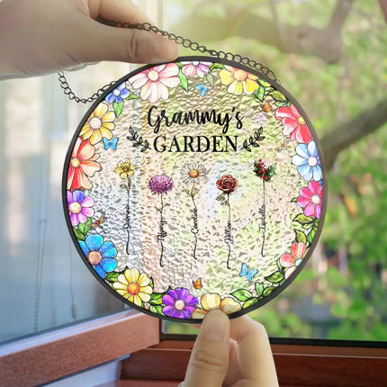 Floral Frame Birth Flower Grandma's Garden - Personalized Stained Glass Window Hanging Suncatcher