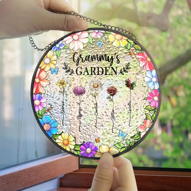 Floral Frame Birth Flower Grandma's Garden - Personalized Stained Glass Window Hanging Suncatcher