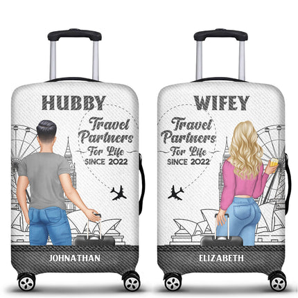 Travel Couple Hubby Wifey Partners For Life - Personalized Combo 2 Luggage Covers