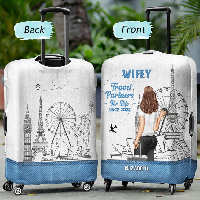 Travel Couple Hubby Wifey Partners For Life - Personalized Combo 2 Luggage Covers