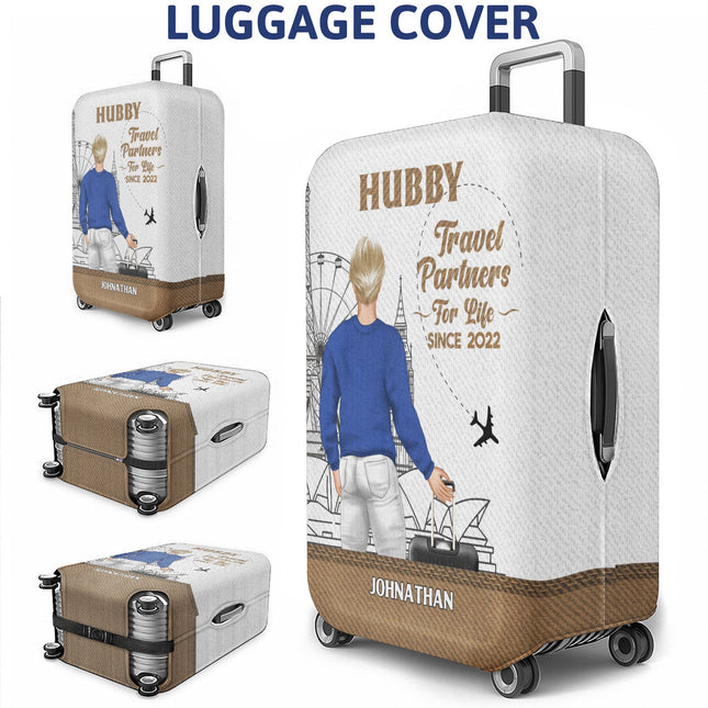 Travel Couple Hubby Wifey Partners For Life - Personalized Combo 2 Luggage Covers
