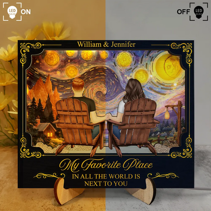 Holding Hands Couple My Favorite Place Is Next To You - Personalized LED Light Wooden Plaque