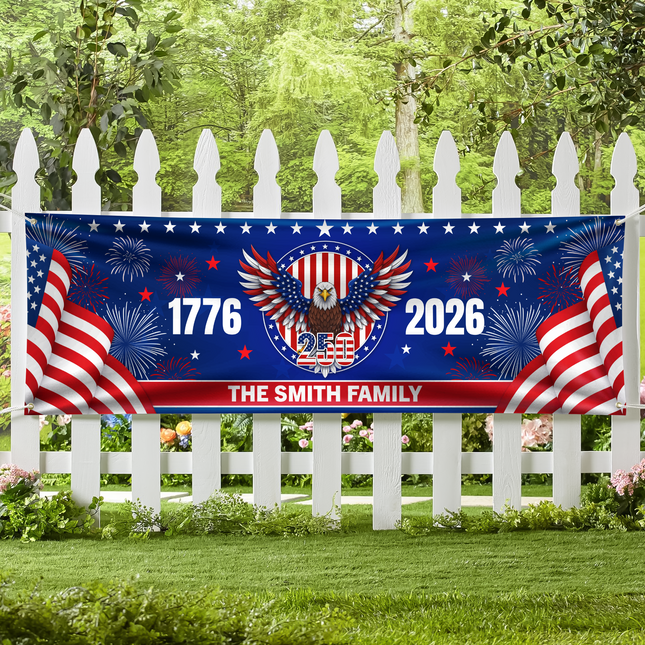 Personalized Family Name 1776-2026 250 Years Birthday America Flag Eagle Patriotic Banner