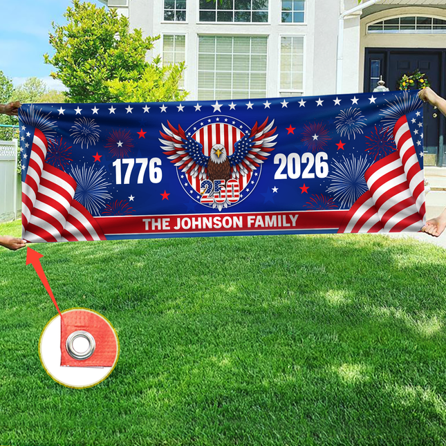 Personalized Family Name 1776-2026 250 Years Birthday America Flag Eagle Patriotic Banner