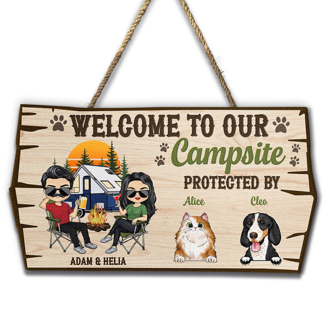 Welcome To Our Campsite Protected By Dogs Cats Pets - Gift For Couples- Personalized Custom Shaped Wood Sign