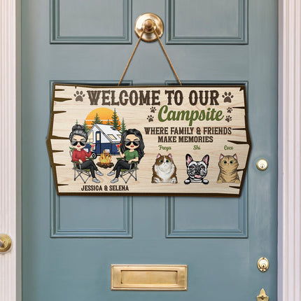 Welcome To Our Campsite Protected By Dogs Cats Pets - Gift For Couples- Personalized Custom Shaped Wood Sign