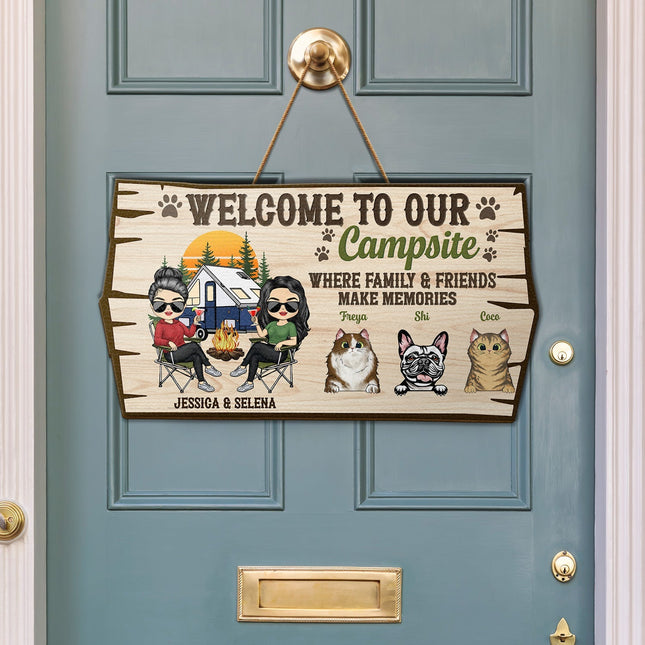 Welcome To Our Campsite Protected By Dogs Cats Pets - Gift For Couples- Personalized Custom Shaped Wood Sign