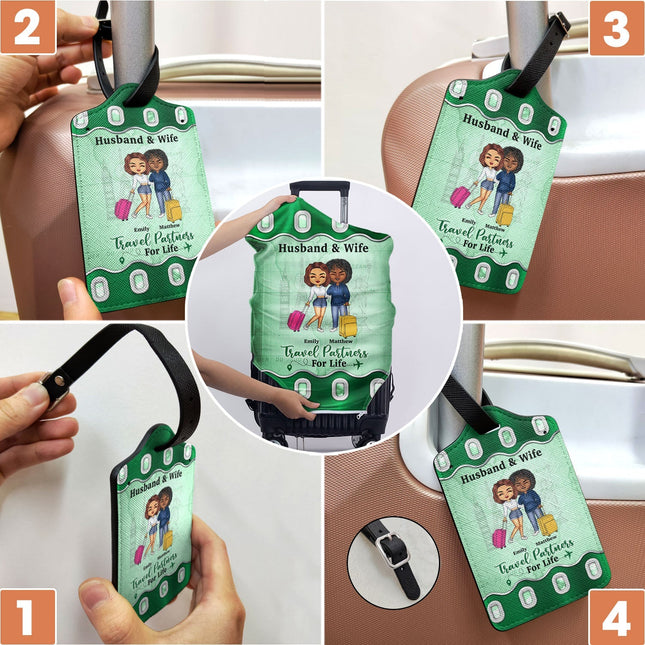 Husband & Wife Travel Partners For Life - Personalized Combo Luggage Cover And Luggage Tag