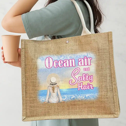 Ocean Air And Salty Hair - Personalized Jute Beach Bag