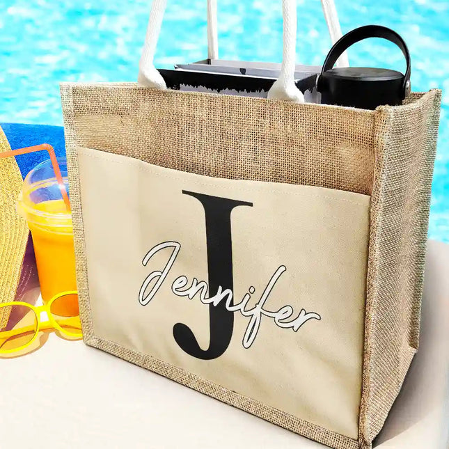 Monogram Name - Personalized Jute Tote Bag