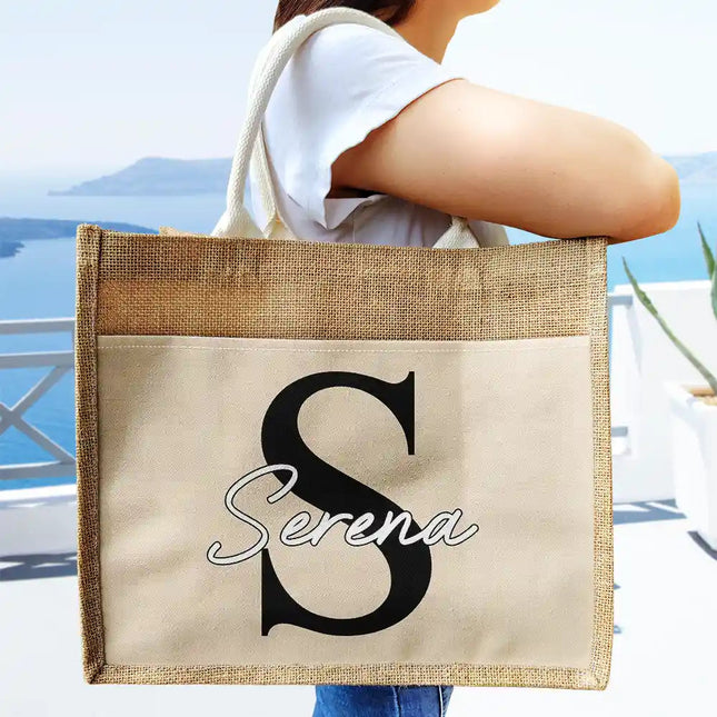 Monogram Name - Personalized Jute Tote Bag