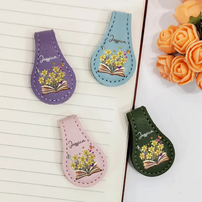 Flowers Growing From Book, Birth Month Flowers - Personalized Circle Leather Magnetic Bookmark