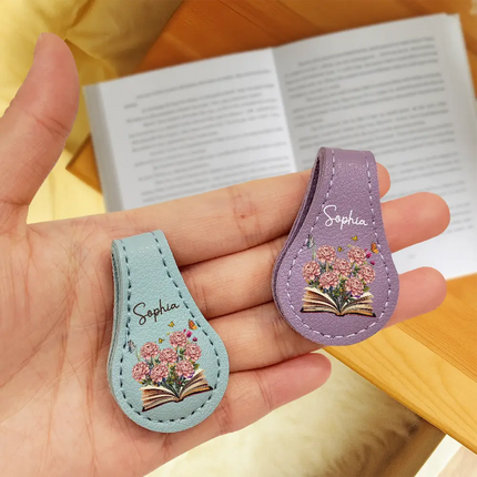 Flowers Growing From Book, Birth Month Flowers - Personalized Circle Leather Magnetic Bookmark