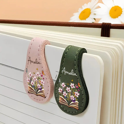 Flowers Growing From Book, Birth Month Flowers - Personalized Circle Leather Magnetic Bookmark