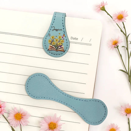 Flowers Growing From Book, Birth Month Flowers - Personalized Circle Leather Magnetic Bookmark