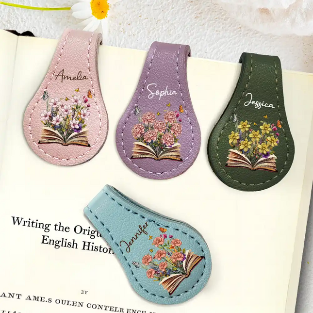 Flowers Growing From Book, Birth Month Flowers - Personalized Circle Leather Magnetic Bookmark