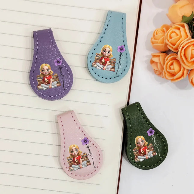 Reading Girl With Birth Month Flower - Personalized Circle Leather Magnetic Bookmark