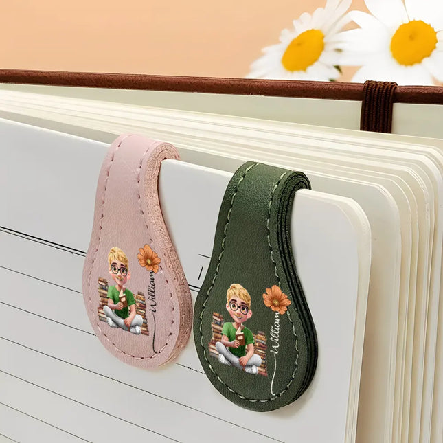 Reading Girl With Birth Month Flower - Personalized Circle Leather Magnetic Bookmark