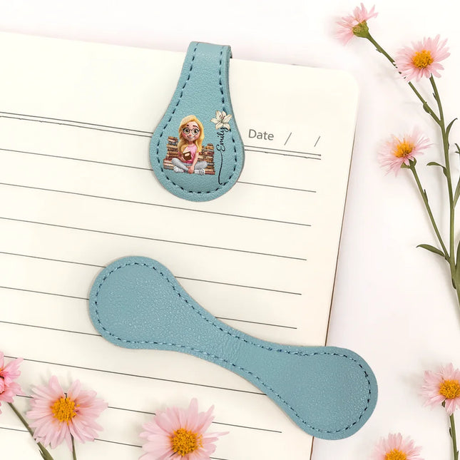 Reading Girl With Birth Month Flower - Personalized Circle Leather Magnetic Bookmark