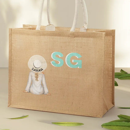 Shadow Monogram Girl By The Beach - Personalized Jute Beach Bag