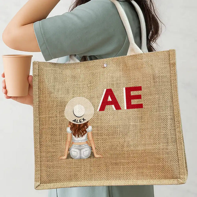 Shadow Monogram Girl By The Beach - Personalized Jute Beach Bag