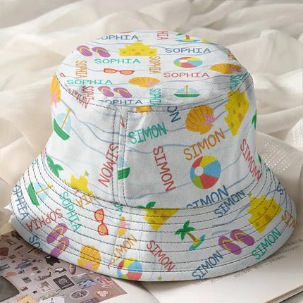 Summer Beach Vacation Holiday Vibe Cute Icon Custom Name - Personalized Bucket Hat