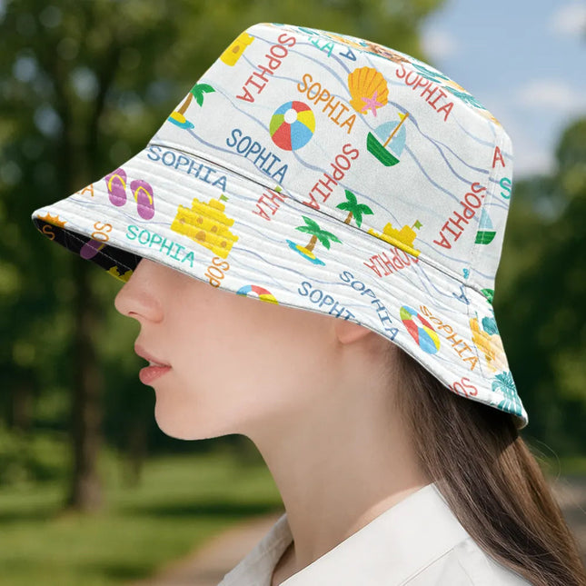 Summer Beach Vacation Holiday Vibe Cute Icon Custom Name - Personalized Bucket Hat