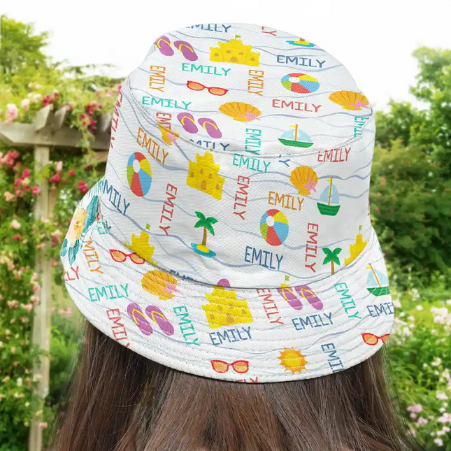 Summer Beach Vacation Holiday Vibe Cute Icon Custom Name - Personalized Bucket Hat