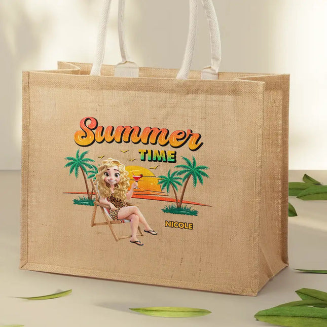 Summer Time Just A Girl Who Loves Beach - Personalized Jute Beach Bag
