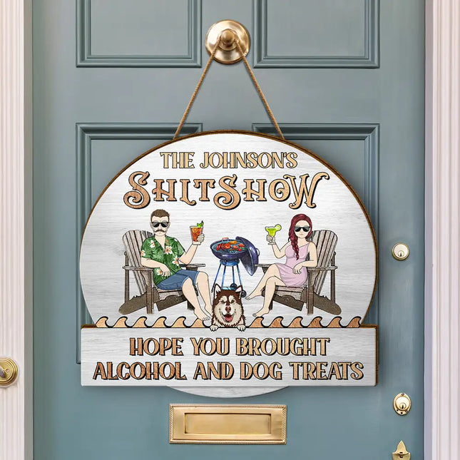 Couple Pool & Patio Bar Hope You Brought Alcohol & Dog Treats - Personalized Custom Shaped Wood Sign